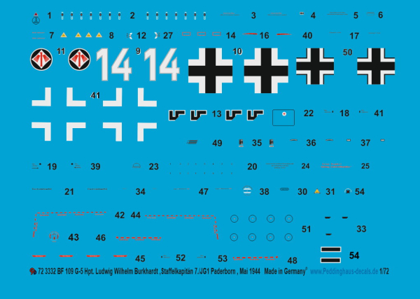 Peddinghaus-Decals 1/72 3332 Bf 109 G-5 Hpt. Ludwig Wilhelm Burkhardt, Staffelkapitän 7./JG1 Paderborn 1944