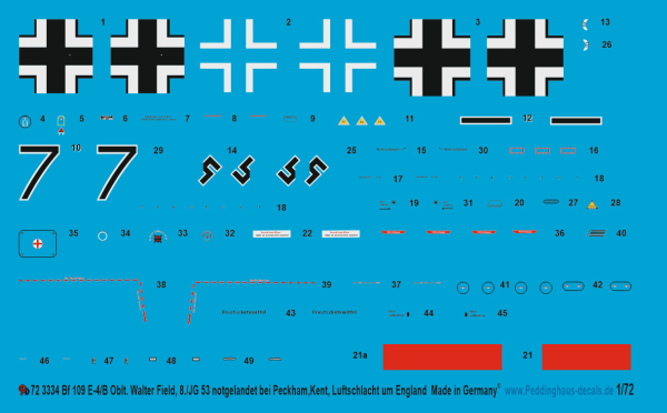 Peddinghaus-Decals 1/72 3334 Bf 109-E-4/B Oblt. Walter Field, 8/JG 53 nach Abschuss notgelandet in Peckham,Kent am 2.10.1940