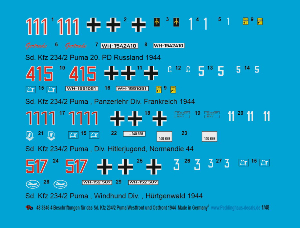 Peddinghaus-Decals 1/48 3346 4 Sd. Kfz 234/2 Puma , Westfront und Ostfront 1944