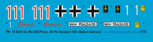 Peddinghaus-Decals 1:16  3349 Sd. Kfz 234/2 Puma , 20. Tankdivision, Russia 1944
