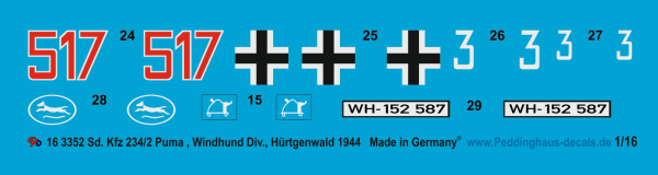 Peddinghaus-Decals 1:16  3352 Sd. Kfz 234/2 Puma , Windhund Div. Hürtgenwald 1944