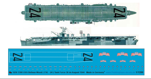 Peddinghaus-Decals 1:1250 3390 USS Belleau Wood  (CVL-24 ) Task Group 38,4 of Task Force 38 during August 1944