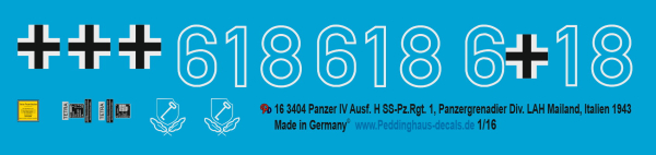 Peddinghaus-Decals 1:16  3404 Panzer Kfw. IV Ausf. H , SS-Pz.Rgt. 1, Panzer Grend. Div. LAH, Mailand Italien 1943