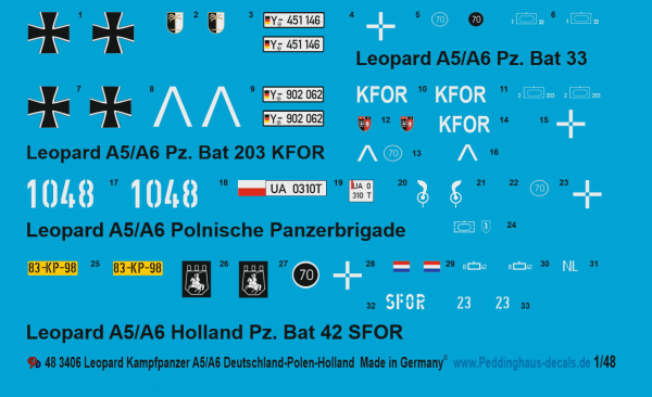 Peddinghaus-Decals 1/48 3406 4 Leopard Battletanks A5/A6 Germany-Polen-Netherlands