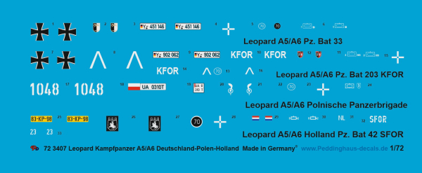 Peddinghaus-Decals 1:72  3407 4 Leopard Kampfpanzer A5/A6 Deutschland-Polen-Holland