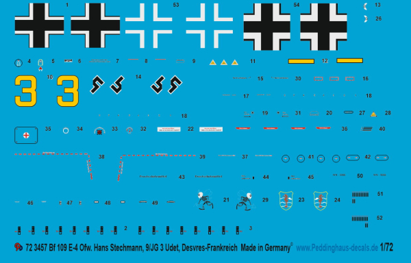 Peddinghaus-Decals 1/72 3457 Bf 109 E4 Ofw. Hans Stechmann 9./JG 3 Udet , Desvres- Frankreich 1940