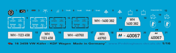 Peddinghaus-Decals 1:16  3459 VW Käfer  Typ 82 E KDF Wagen