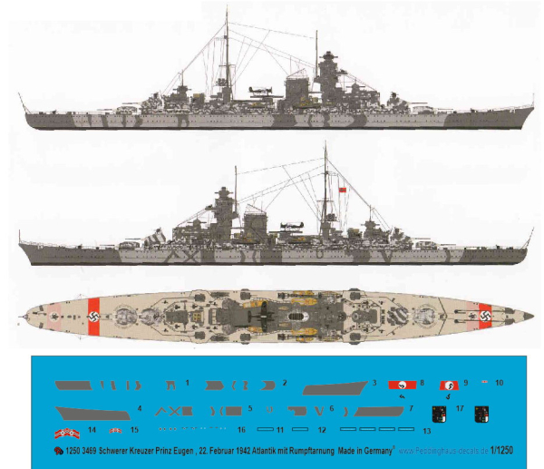 Peddinghaus-Decals 1:1250  3469 Schwerer Kreuzer Prinz Eugen with Body Camoflage 22. Februar 1942 in Atlantic