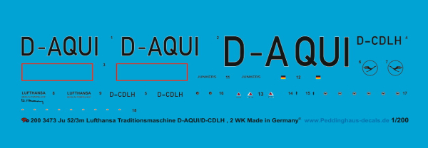 Peddinghaus-Decals 1:200 3473 Ju 52/3 Lufthansa tradion-plane  D-AQUI-D-CDLH for the Zvezda Modell