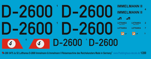 Peddinghaus-Decals 1:200  3475 Ju 52/3 Lufthansa D-2600 Immelmann & Immelmann 2 for the Zvezda Modell