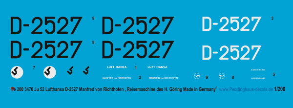 Peddinghaus-Decals 1:200 3476 Ju 52/3 Lufthansa D-2527 Manfred von Richthofen für das Zvezda Modell