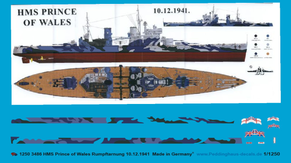Peddinghaus-Decals 1:1250 3486 HMS Prince of Wales body camoflage 10.12.1941