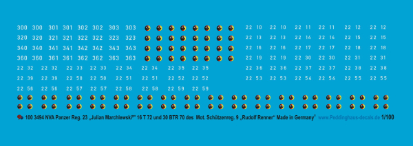 Peddinghaus-Decals 1/100 3494  NVA Tanks Reg. 23 „Julian Marchlewski²" 16 T 72 and 30 BTR 70 des  Mot. Schützenreg. 9 „Rudolf Renner“