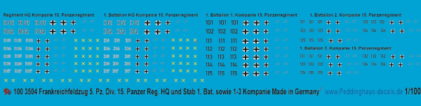 Peddinghaus-Decals 1/100 3504 Flames of War Battle for France 5. Pz. Div, 15. Pz. Reg. HQ and Staff 1. Bat incl. 1-3 Company