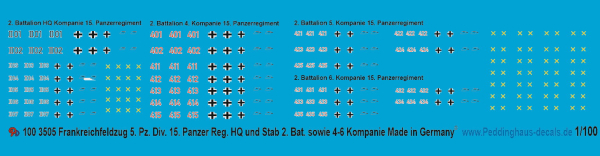 Peddinghaus-Decals 1/100 3505 Flames of War Battle for France 1940 5. Pz. div. 15. tank reg. HQ and staff attached 4-6 company