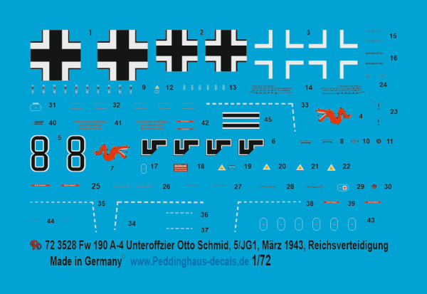 Peddinghaus-Decals 1/72 3528 Fw 190 A-4 Unteroffizier Otto Schmid, 5/JG1 , März 1943, Reichsverteidung