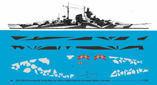 Peddinghaus-Decals 1:1250 3554 Schlachtschiff Tirpitz März-Juli 1944 Kafjord bei Alta, Norwegen