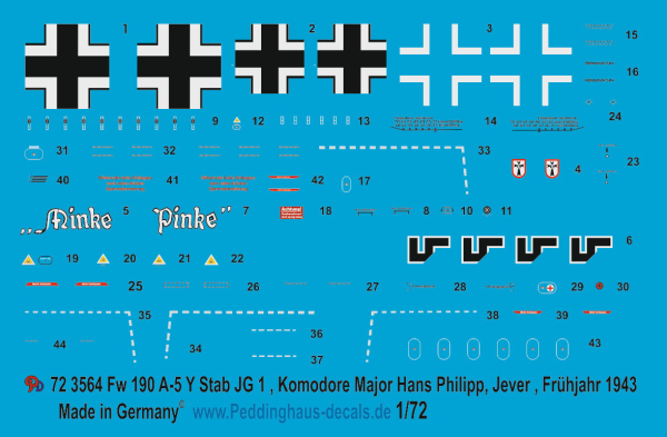 Peddinghaus-Decals 1/72 3564 Fw 190 A-5 Y Stab JG 1 Komodore Major Hans Philipp, Jever Frühjahr 1943