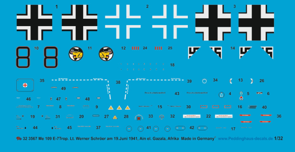 Peddinghaus-Decals 1/48 3567 Bf 109 E-7 Trop Lt. Werner Schröer 19.07.1941, Ain el. Gazala, Afrika JG 27