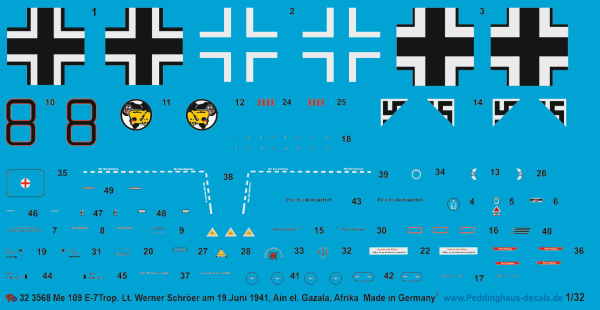 Peddinghaus-Decals 1/32 3568 Bf 109 E-7 Trop Lt. Werner Schröer 19.07.1941, Ain el. Gazala, Afrika JG 27