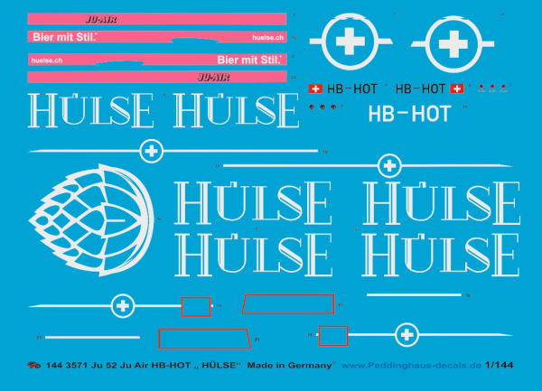 Peddinghaus-Decals 1:144 3571 Ju 52 Ju Air HB-HOT "Huelse"