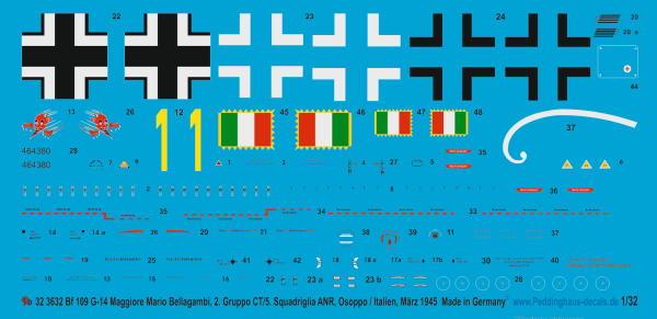 Peddinghaus-Decals 1:32 3632 Bf 109 G-14  Maggiore Mario Bellagambi, 2. Gruppo CT/5. Squadriglia ANR, Osoppo/Italien, März 1945