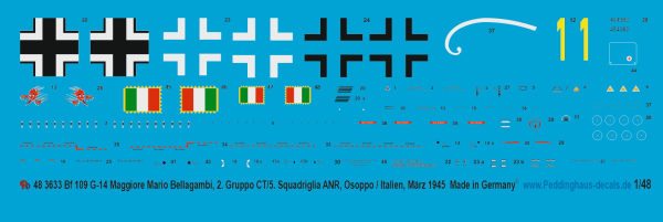 Peddinghaus-Decals 1:48 3633 Bf 109 G-14  Maggiore Mario Bellagambi, 2. Gruppo CT/5. Squadriglia ANR, Osoppo/Italien, März 1945