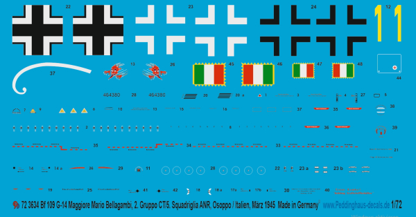 Peddinghaus-Decals 1:72 3634 Bf 109 G-14  Maggiore Mario Bellagambi, 2. Gruppo CT/5. Squadriglia ANR, Osoppo/Italien, März 1945