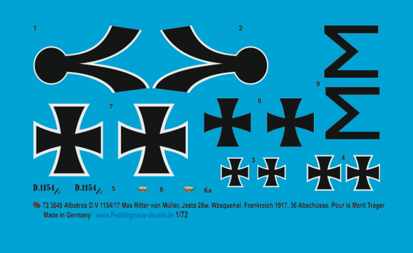 Peddinghaus-Decals 1/72 3647 Albatros D.V. 1154/17 Max Ritter von Müller, Jasta 28w Wasquehal, Frankreich, August 1917, 36 Abschüsse, Pour le Merite