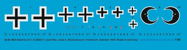 Peddinghaus-Decals 1.48 3664 Albatros D.V , D.5284/17 Josef Mai, Jasta 5 , Boistrancourt, Frankeich, Sommer 1918