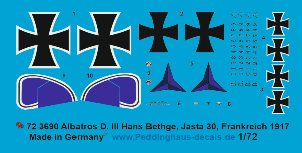 Peddinghaus-Decals 1/72 3690 Albatros D. III Hans Bethge, Jasta 30, Frankreich 1917