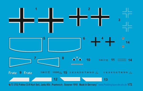 Peddinghaus-Decals 1/72 3702 Fokker D.VI Kurt Seit, Jasta 80b, Frankreich, Sommer 1918