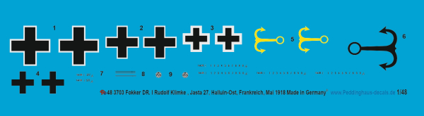 Peddinghaus-Decals 1:48 3703 Fokker Dr.I Rudolf Klimke, Jasta 27,Halluin-Ost, Frankreich, Mai 1918