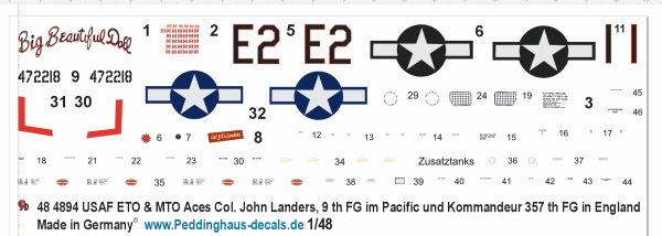 Peddinghaus-Decals 1-48 4894 USAF Aces ETO & MTO P-51 D Col: John Landers 9th FG /Pacific & 357th FG Europa
