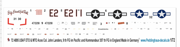 Peddinghaus-Decals 1-72 4895 USAF Aces ETO & MTO P-51 D Col: John Landers 9th FG /Pacific & 357th FG Europa