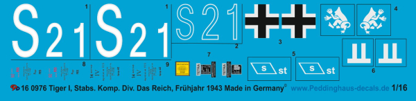 Peddinghaus-Decals 1:16 0976 Tiger I Stabs Komp. Das Reich Frühjahr 1943