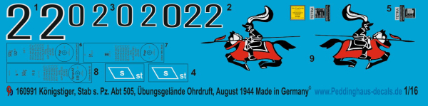 Peddinghaus-Decals 1:16 0991 Tiger II HQ schw. Heeres Panzer Abt 505 Übungsgelände Ohrdruft Aug. 44