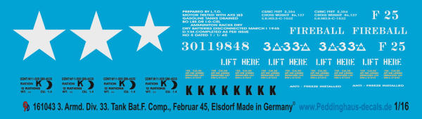 Peddinghaus-Decals 1:16 1043 M 26 Pershing  3. Armd. 33.Tank Bat. Elsdorf 1945