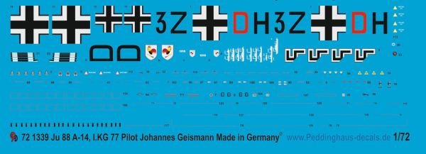 Peddinghaus-Decals 1/72 1339  Ju 88 A-14 KG 77 Pilot Johannes Geismann