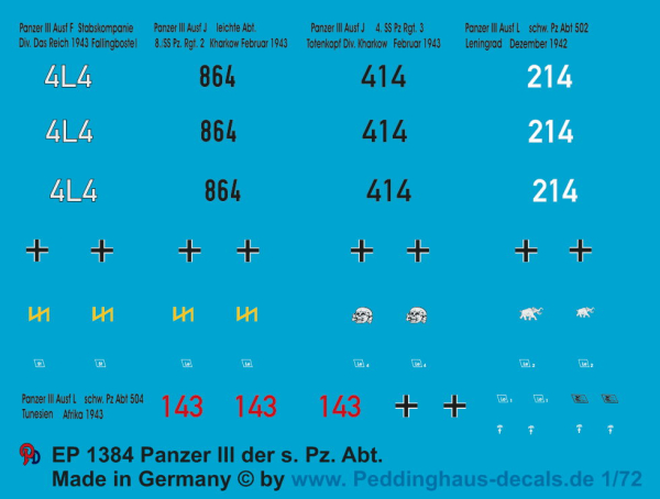 Peddinghaus-Decals 1:72 1384  Panzer III  der schweren Pz Abt. des Heeres und der Waffen SS