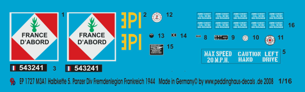 Peddinghaus-Decals 1:16 1727 M3 A1 Halftrack of the 5. French tankdiv. of the legion 1944 Frankreich