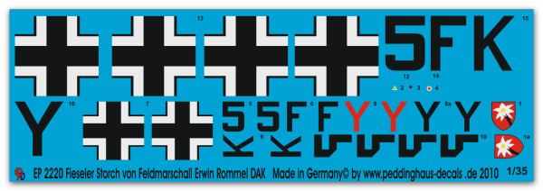 Peddinghaus-Decals 1:35   2220 Fieseler Storch markings for Fieldmarshall Rommel's plane, Tristar Model