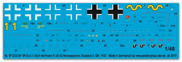 Peddinghaus-Decals 1:48 2232 Bf 109 G-6 Lt. Erich Hartmann9./JG 52 Novosaporovyi, Russland Okt 43