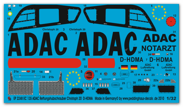 Peddinghaus-Decals 1:32  2248  EC 135 ADAC Rescue Helicopter Christoph 20 D-HDMA
