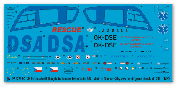 Peddinghaus-Decals 1:32  2299  EC 135 Krystof 5 Thechischer Rettungshubschrauber der DAS