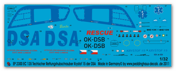 Peddinghaus-Decals 1:32  2300  EC 135 Krystof 15 Thechischer Rettungshubschrauber der DAS