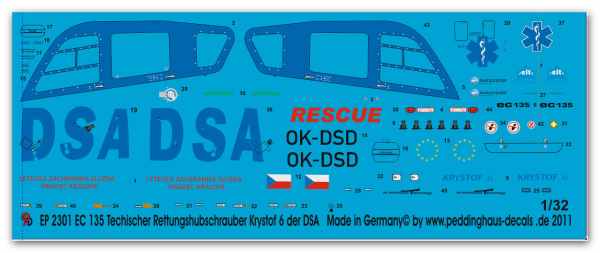Peddinghaus-Decals 1:32  2301  EC 135 Krystof 6 Thechischer Rettungshubschrauber der DAS