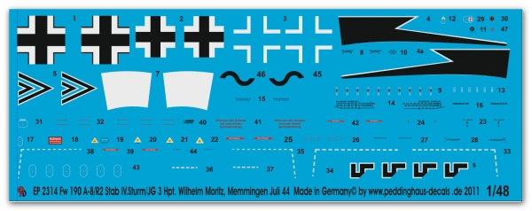 Peddinghaus-Decals 1:48 2314 Fw 190 A-8/R2 Stab IV.Sturm/JG 3 Hpt. Wilhelm Moritz, Memmingen Juli 44