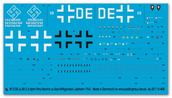 Peddinghaus-Decals 1:48 2338 Ju 88 C-6 Hptm Prinz Heinrich zu Sayn-Wittgenstein IV/ NJG 5 Leipheim 1943