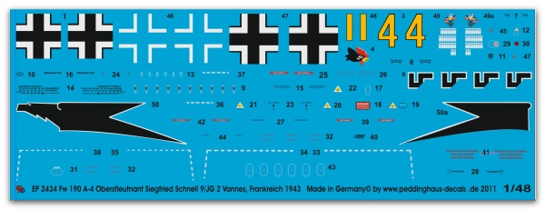 Peddinghaus-Decals 1:48 2434 Fw 190 A-4 Oberstleutnant Siegfried Schnell9/JG 2 Vannes 1943